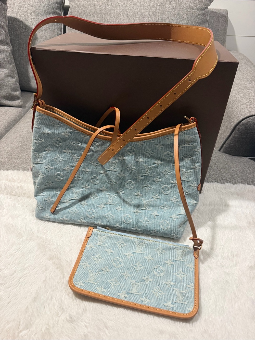 Louis Vuitton Light Blue Denim Shoulder Bag with Tan Trim